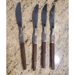 Lot of 4 Ekco ETERNA LA JOYA Dinner Knives Brown Handles Vintage Mid Century